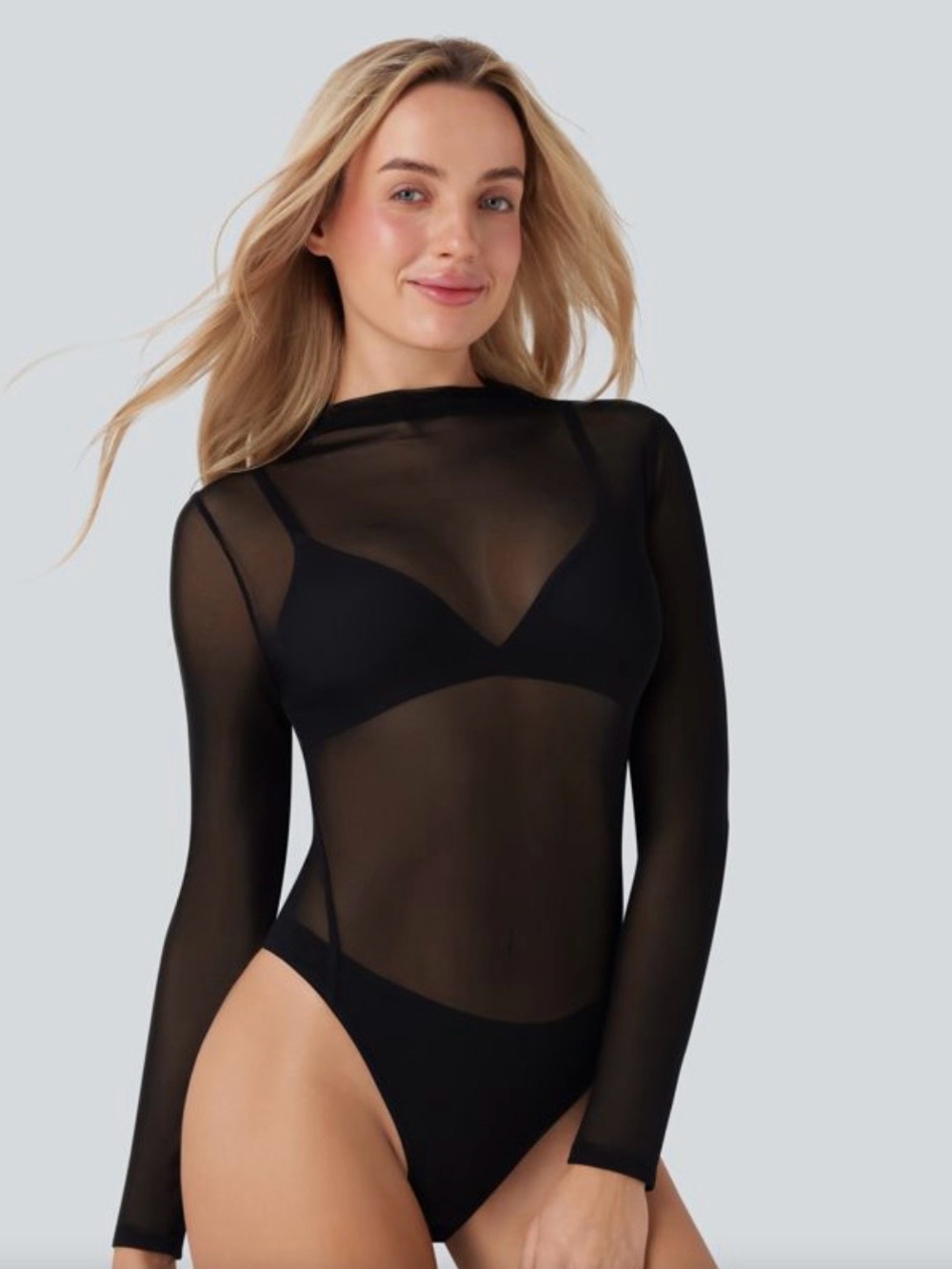 HALARA Sheer Long-Sleeve Black Mesh Bodysuit